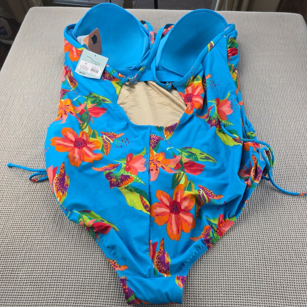 Shade & Shore Blue Floral‎ One Piece Swimsuit Size 22 Tropical Side Tie Cutout - Picture 2 of 8